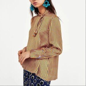 Zara Woman Tie Neck Blouse Long Sleeve Geometric Pattern Gold Blue‎ Size Small